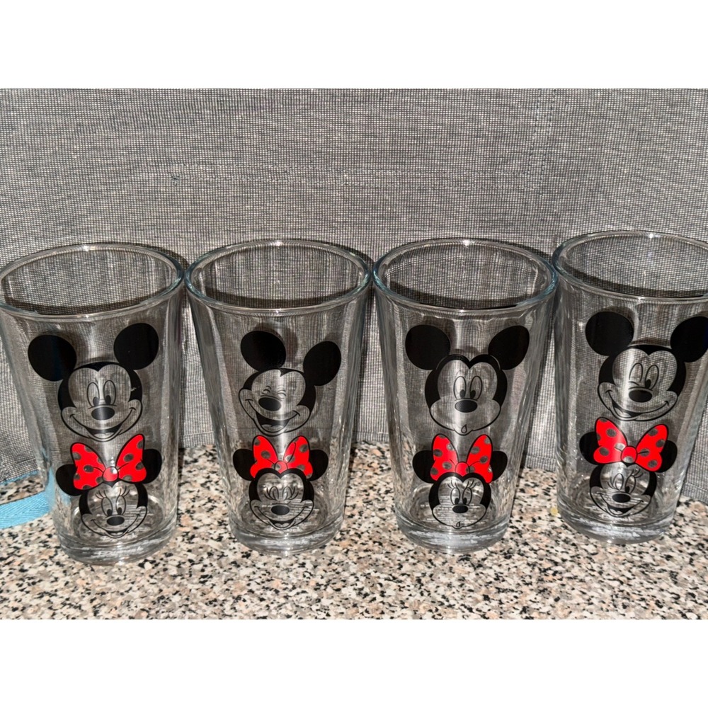Disney Mickey and Minnie Mouse Pint Glass Set 16oz Silver Buffalo 4 Pack Clear